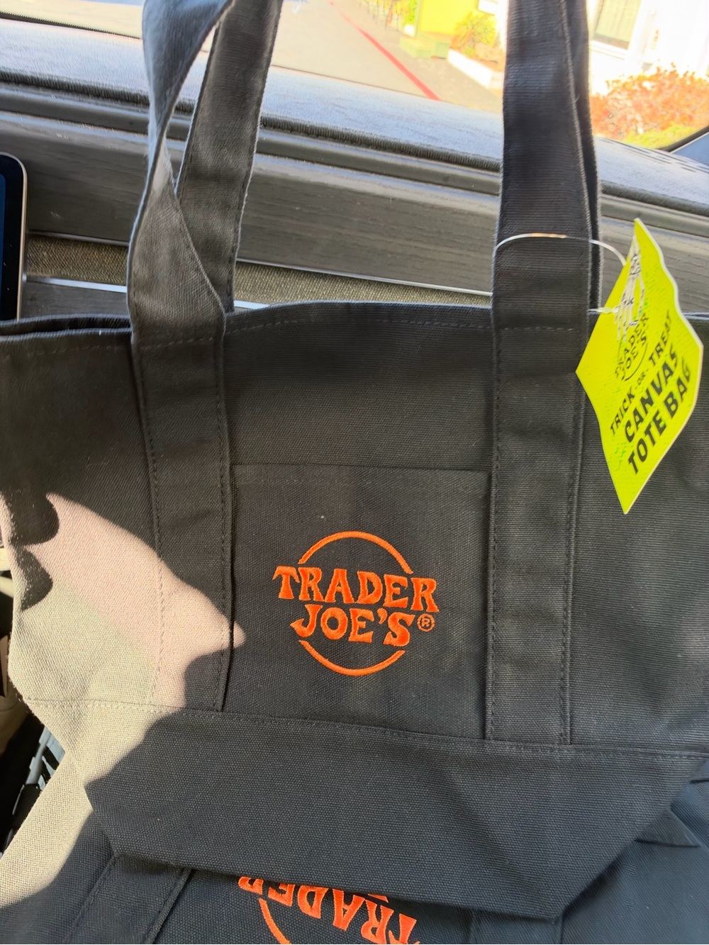 Trader Joe's Black Canvas Tote Bag with Orange Logo